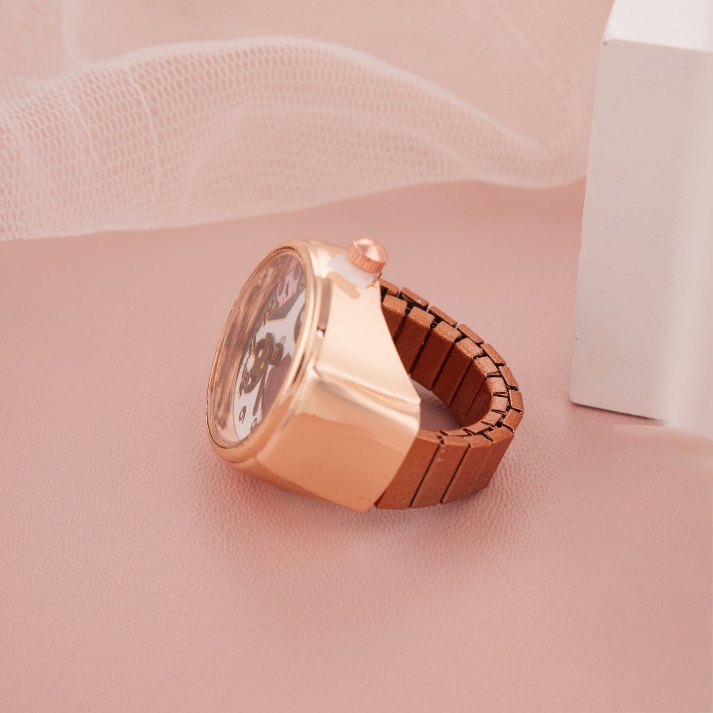 Rose Gold Ring Watch with White Printed Dial for Women