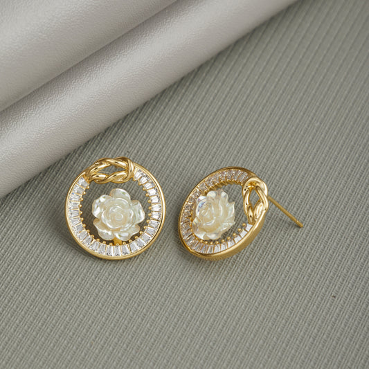 Chic Gold-Tone Round Earrings with Crystal Rose Center for Women & Girls