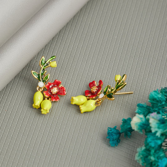 Colorful Floral Enamel Drop Earrings with Green Leaves & Red Blossoms