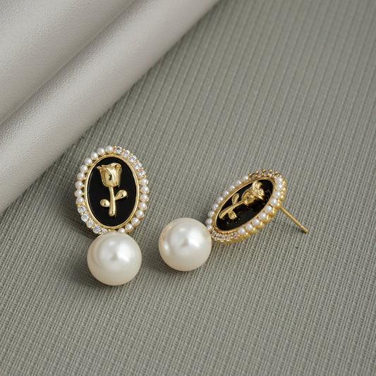 Elegant Black & Gold Rose Stud Earrings with Pearl Drop