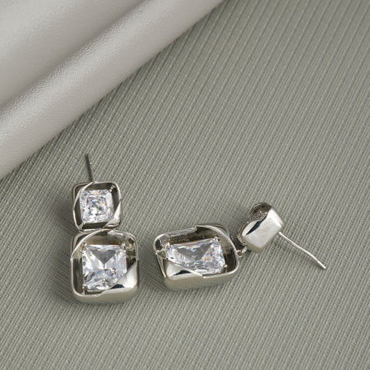 Elegant Dual Square Crystal Drop Earrings with Silver Finish for Women & Girls