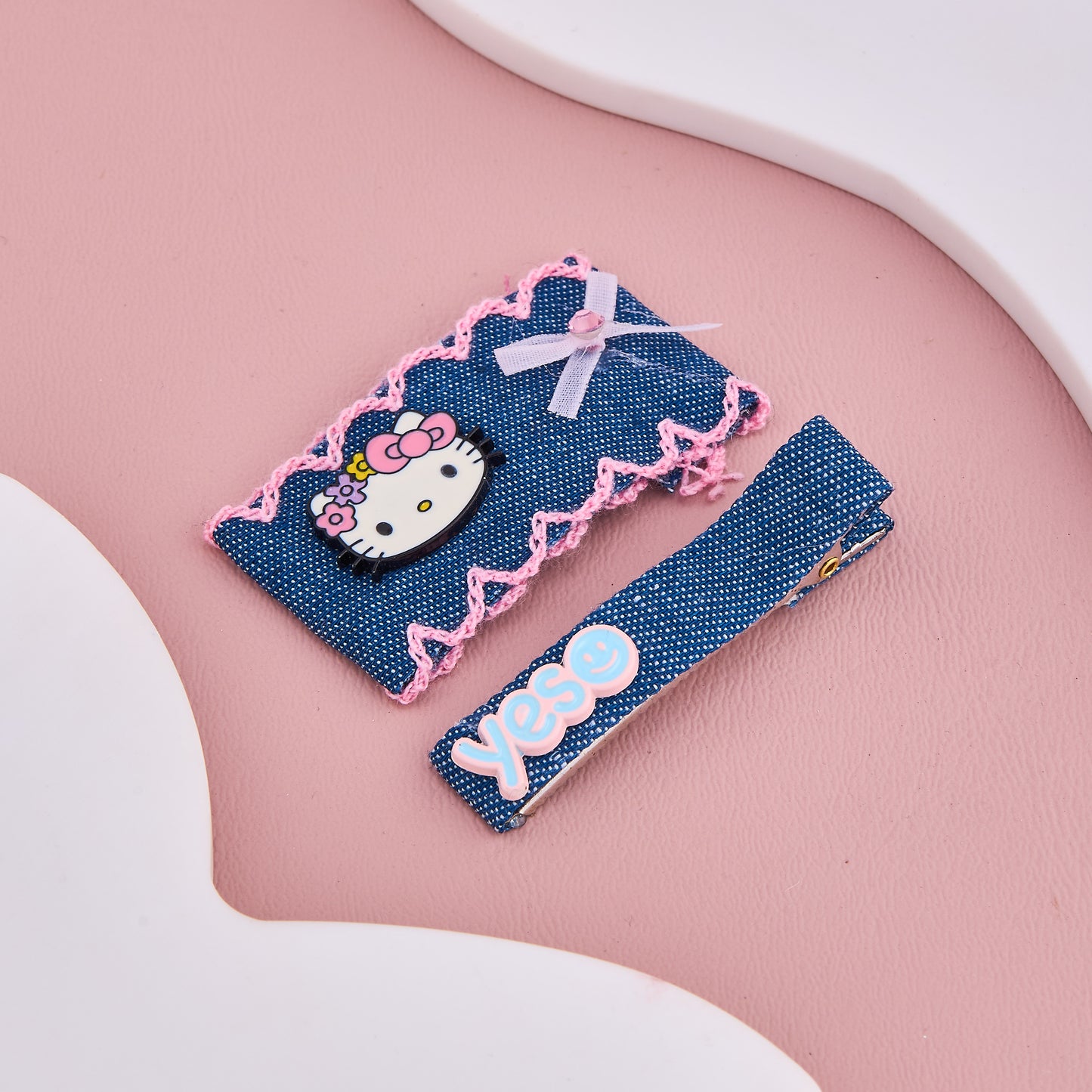 Denim Hello Kitty Hair Clip Set for Baby Girls
