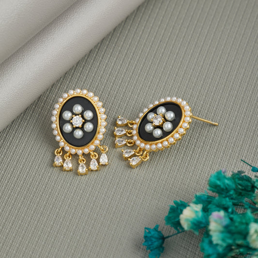 Black Oval Pearl & Crystal Stud Earrings with Dangling Stones