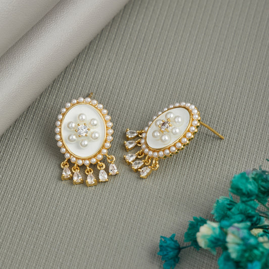 White Pearl Floral Drop Earrings with Gold Finish for Women & Girls