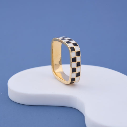 Gold Black & White Checkered Band Ring