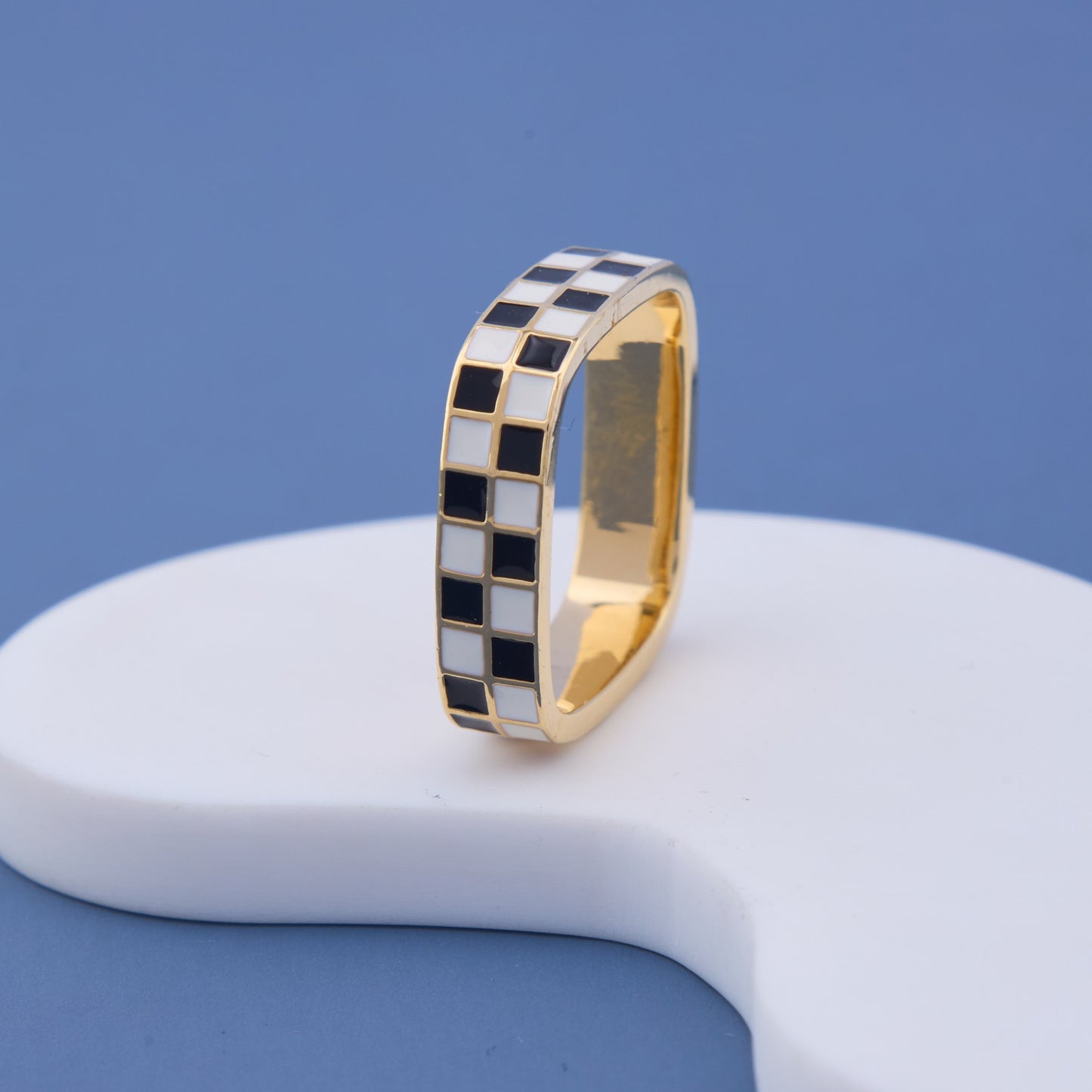 Gold Black & White Checkered Band Ring