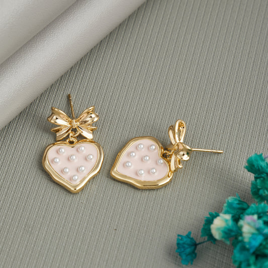 Pink Heart Pearl Drop Earrings with Golden Bow