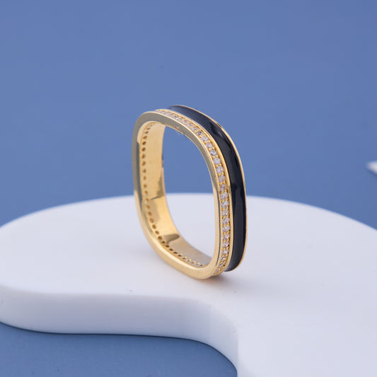 Gold Black Enamel Square Band with CZ Stones