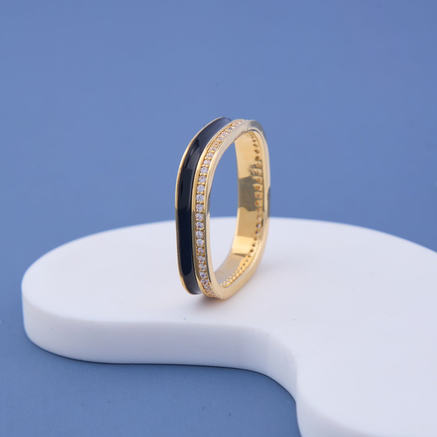 Gold Black Enamel Square Band with CZ Stones