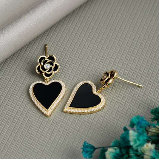 Black Heart Drop Earrings with Crystal Flower Top – Elegant Party Wear