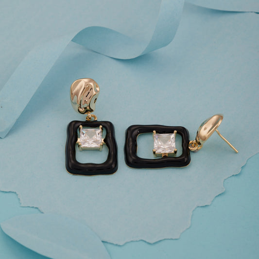Black Enamel Square Drop Earrings with Crystal Center for Women & Girls