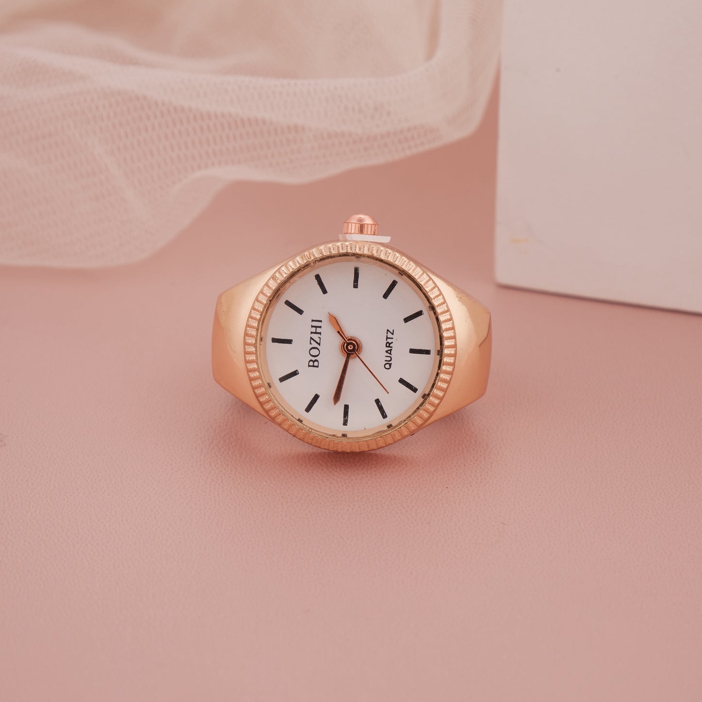 Rose Gold Ring Watch with Minimal White Dial & Grooved Bezel
