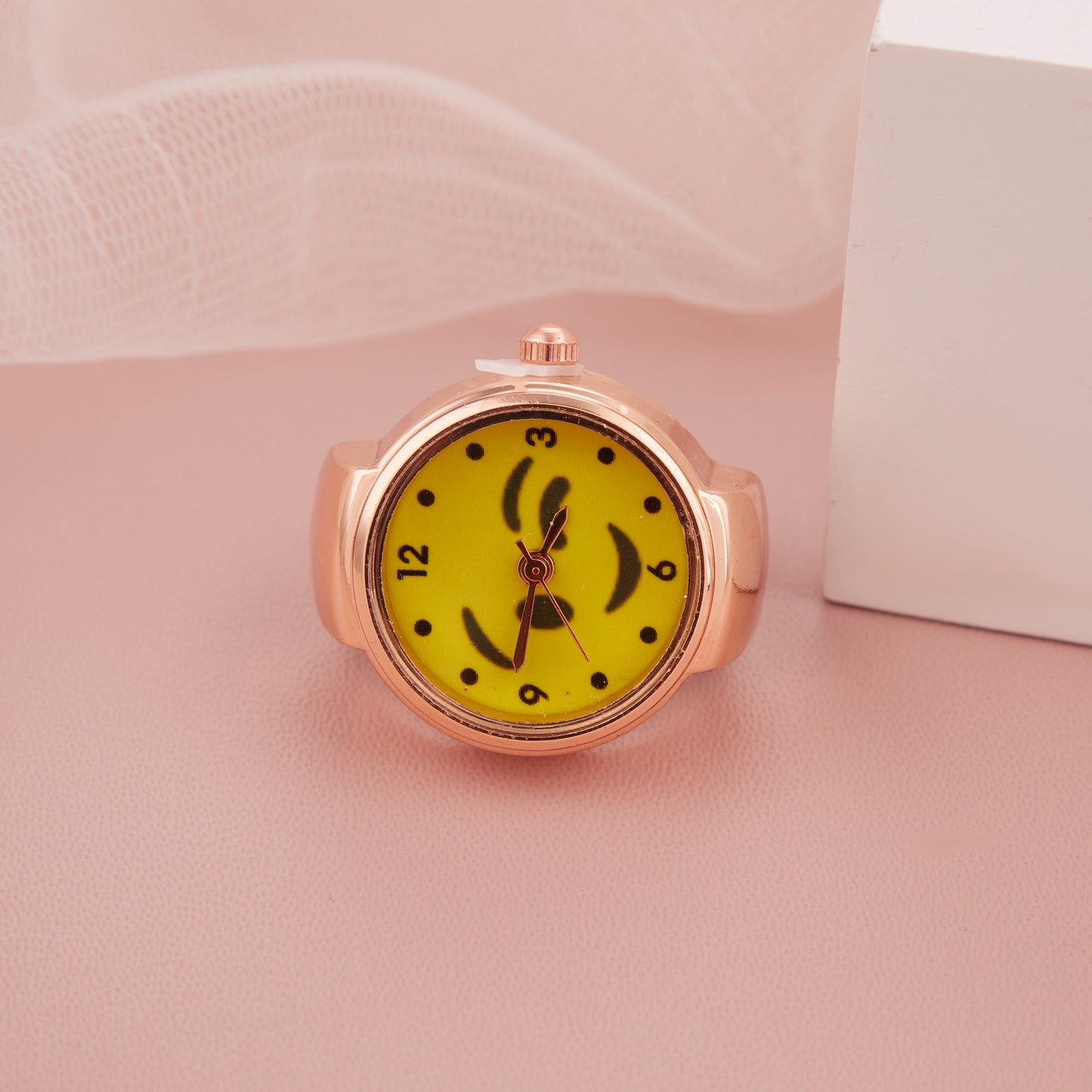 Buy Rose Gold Ring Watch with Yellow Dial and Stylish Print for Women