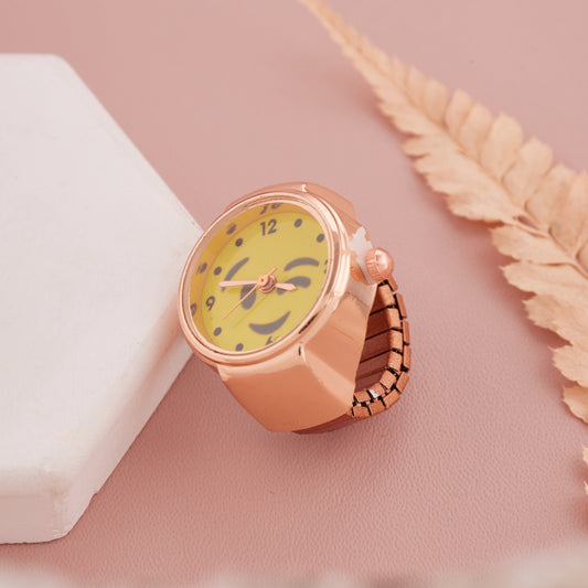 Buy Rose Gold Ring Watch with Yellow Dial and Stylish Print for Women