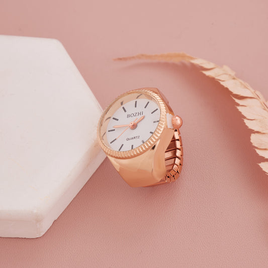 Rose Gold Ring Watch with Minimal White Dial & Grooved Bezel