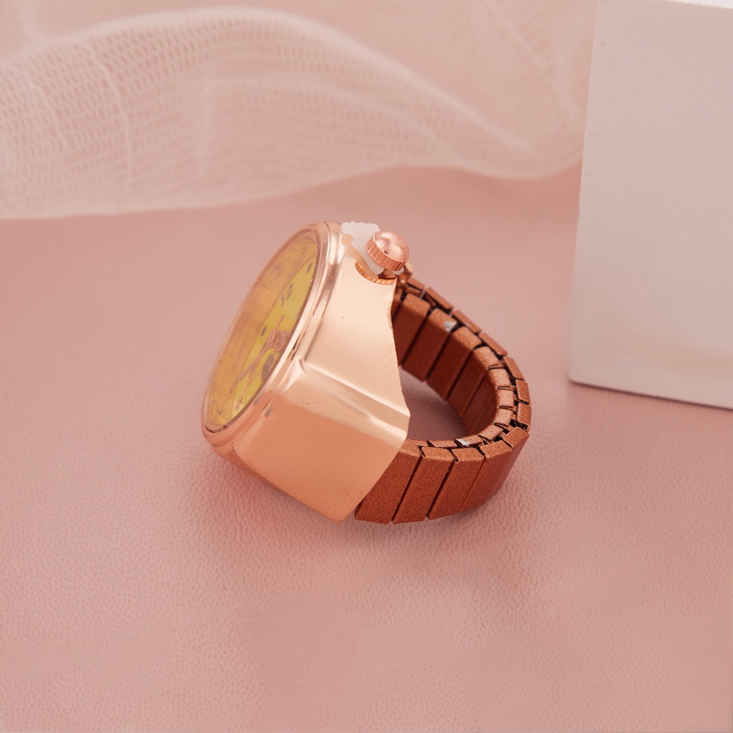 Buy Rose Gold Ring Watch with Yellow Dial and Stylish Print for Women