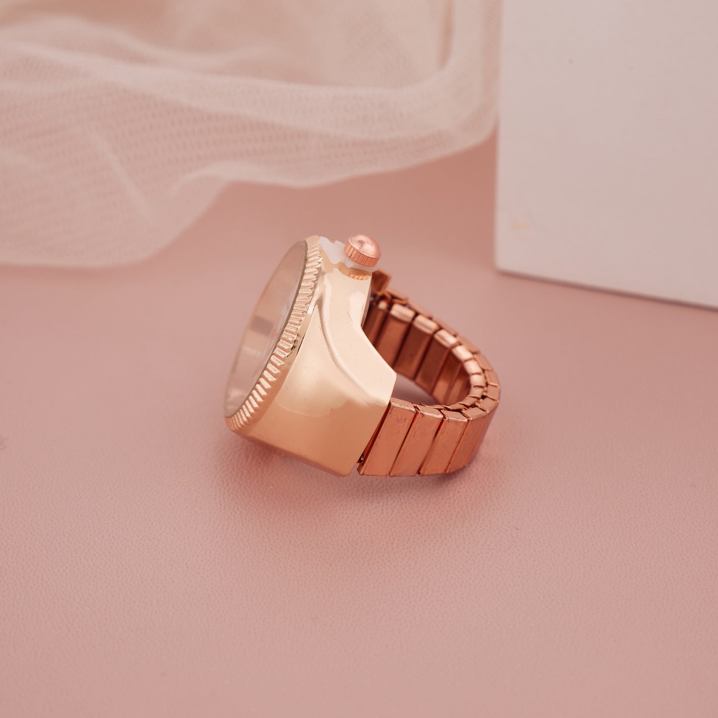 Rose Gold Ring Watch with Minimal White Dial & Grooved Bezel