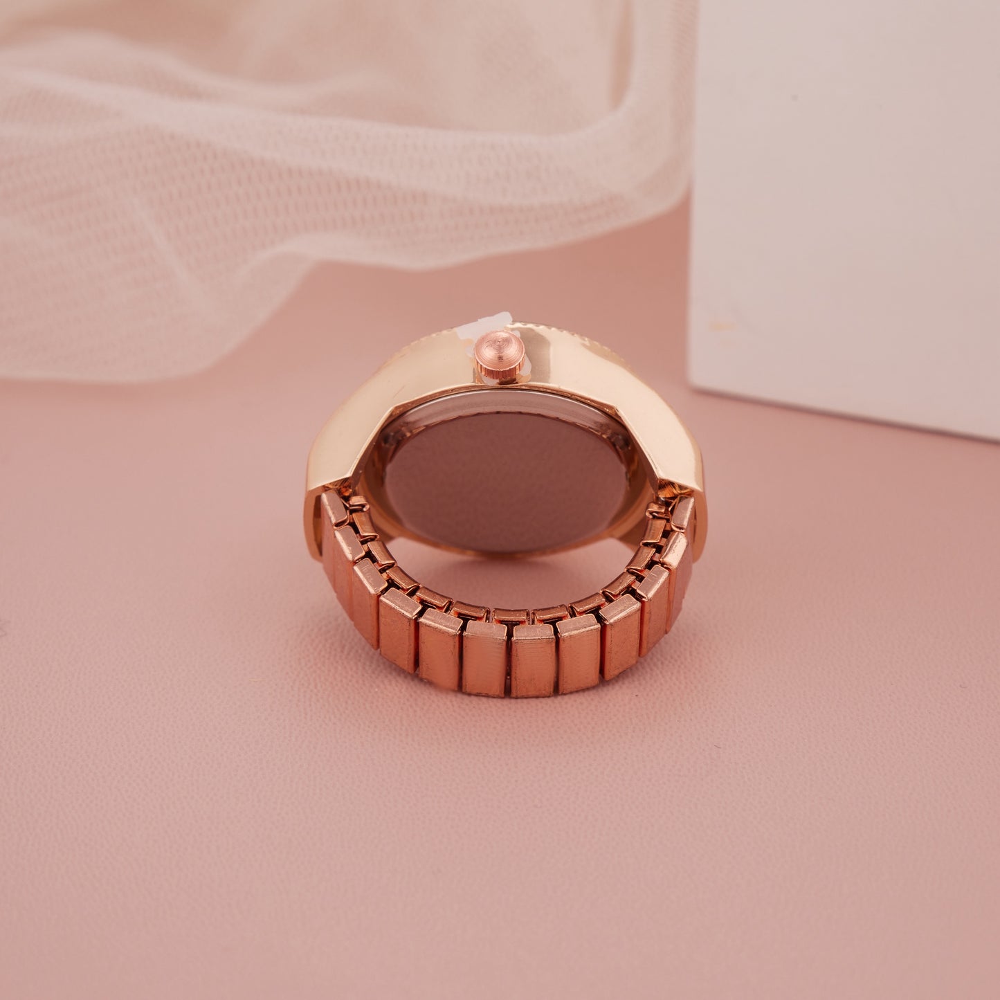 Rose Gold Ring Watch with Minimal White Dial & Grooved Bezel
