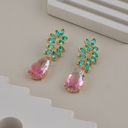 Emerald Pink Leaf Studs