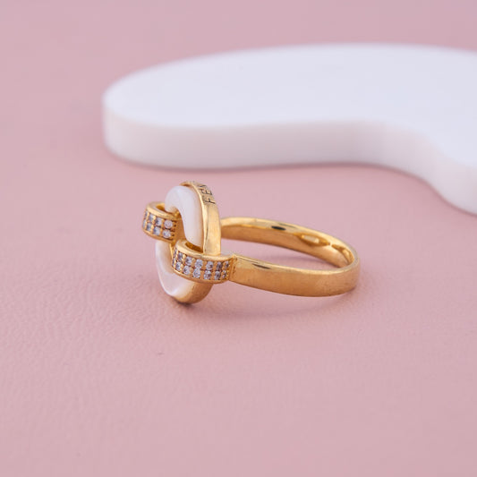 Gold Oval Ring with White Enamel and CZ Detailing