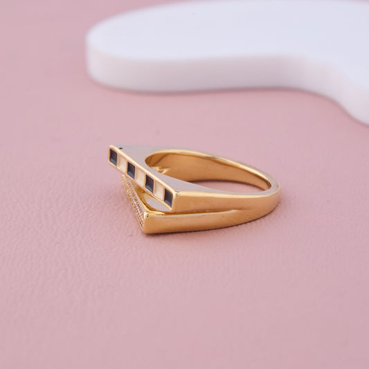 Geometric Gold Ring with Black and White Enamel & CZ Detailing
