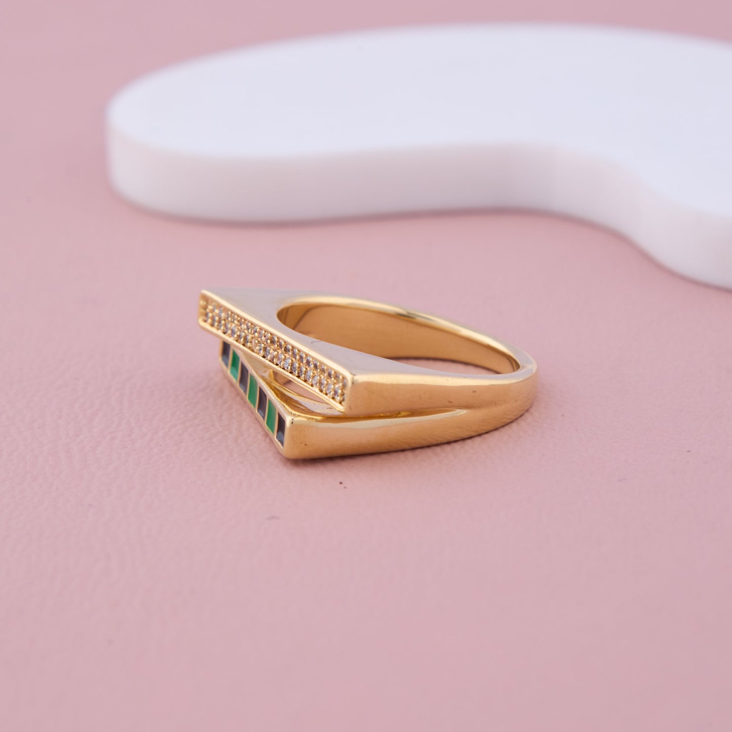 Gold Geometric Ring with Green & Black Enamel