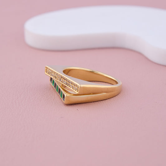 Gold Geometric Ring with Green & Black Enamel