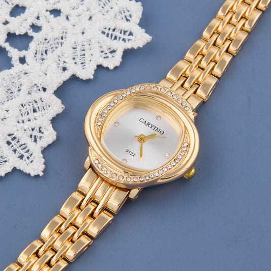 Elegant Gold-Tone Crystal-Studded Round Watch for Women