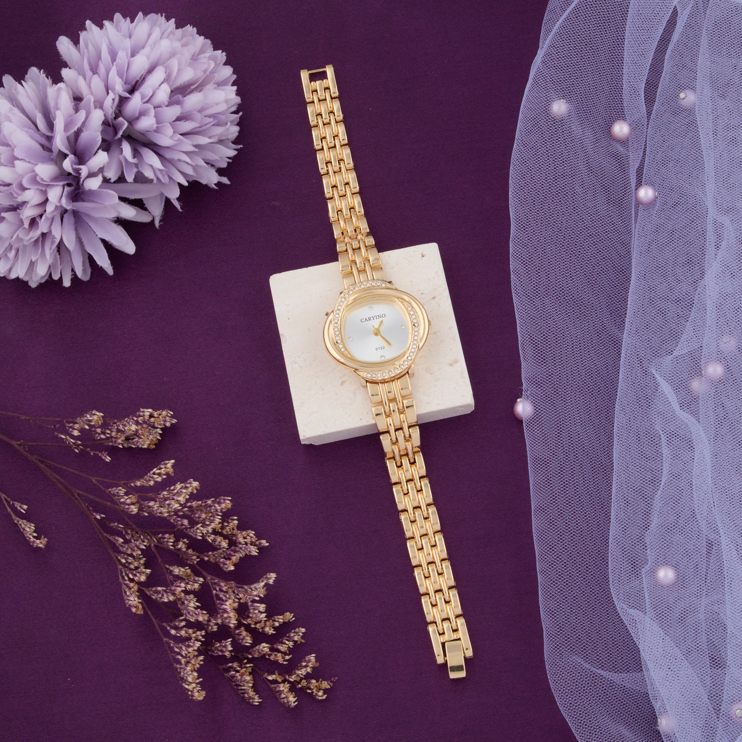 Elegant Gold-Tone Crystal-Studded Round Watch for Women
