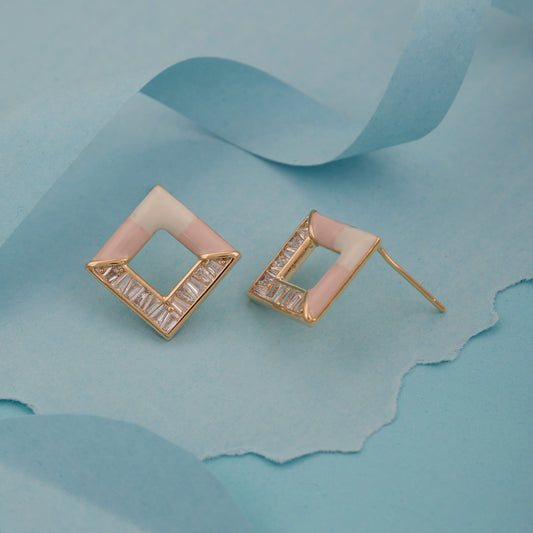 Pink & White Enamel Rhombus Stud Earrings with Crystal Accents for Women & Girls