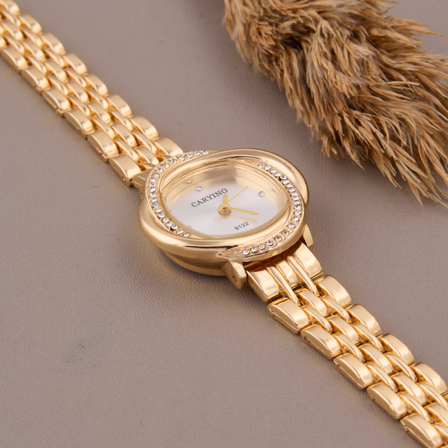 Elegant Gold-Tone Crystal-Studded Round Watch for Women