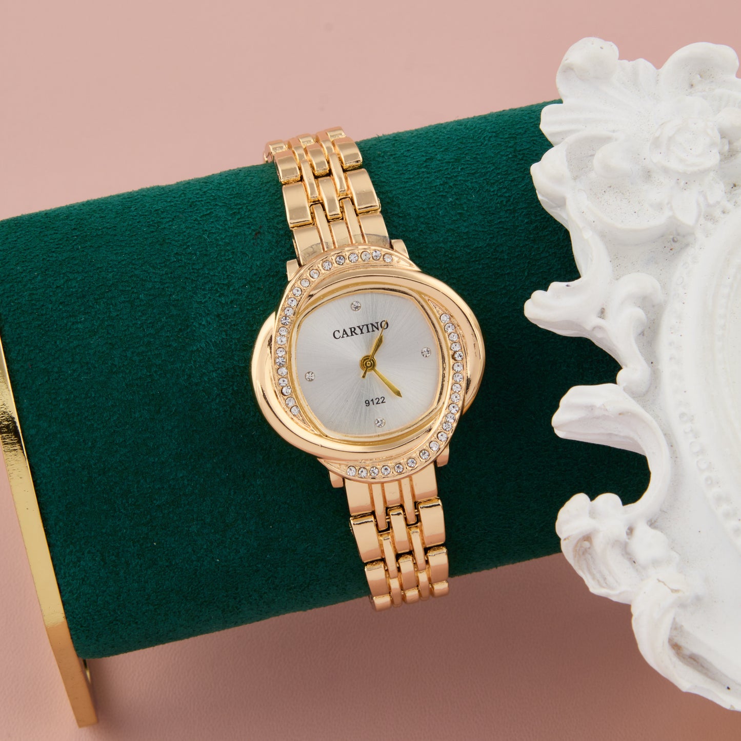 Elegant Gold-Tone Crystal-Studded Round Watch for Women