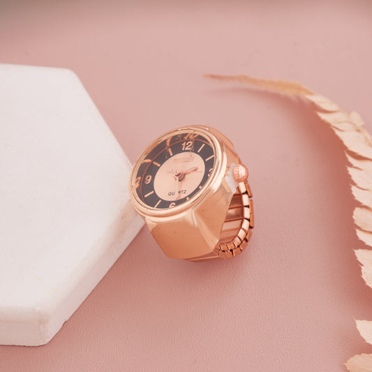 Rose Gold Ring Watch with Black & Champagne Dial Contrast