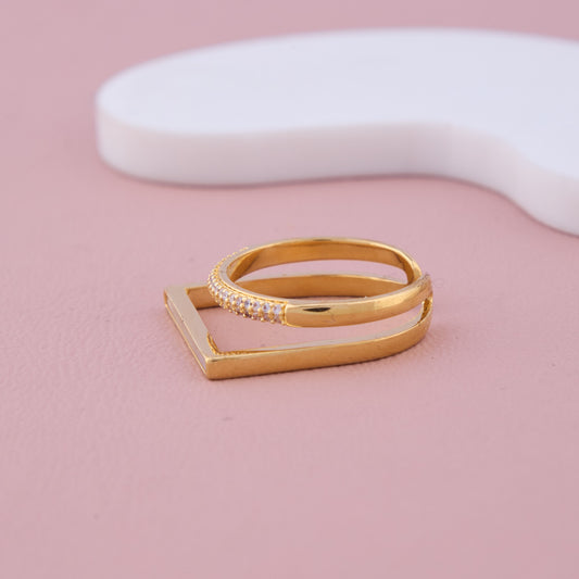 Gold Dual Band Ring with White Enamel and CZ Row