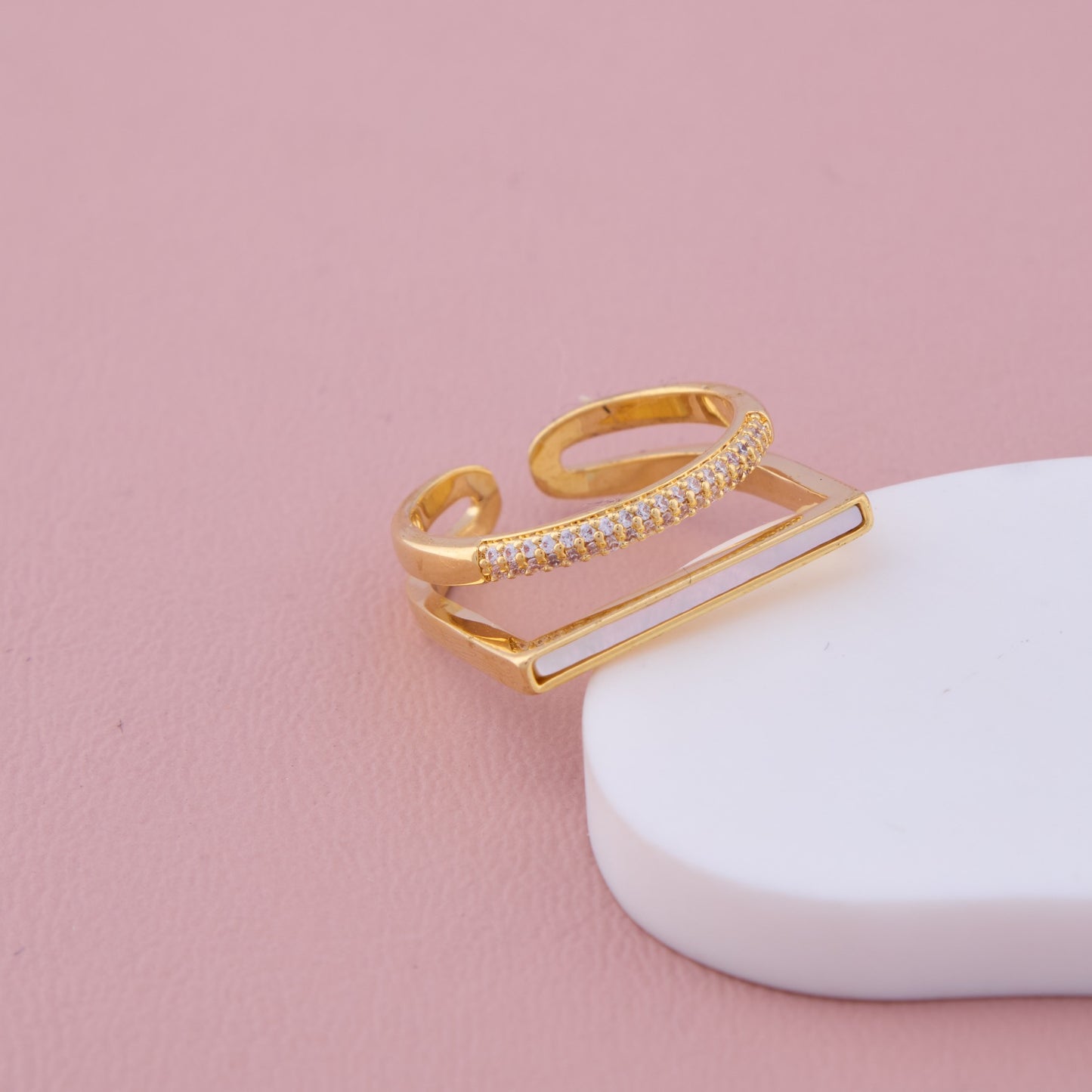 Gold Dual Band Ring with White Enamel and CZ Row