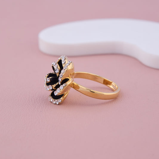 Black Enamel Rose Ring with Crystal Accents