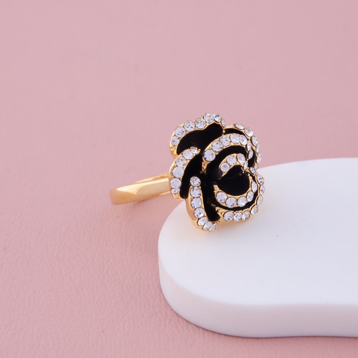 Black Enamel Rose Ring with Crystal Accents
