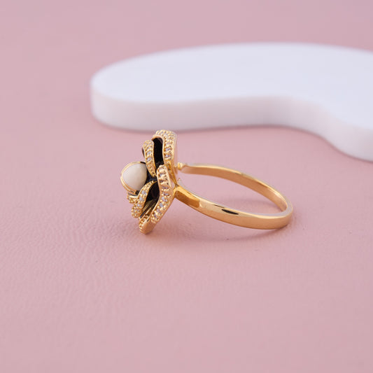Gold & Black Enamel Floral Ring with CZ Detailing