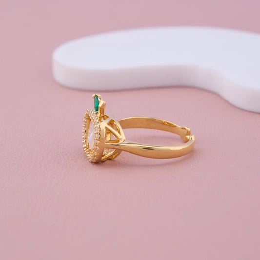 Gold Apple-Shaped Ring with CZ Halo and Green Leaf Accent