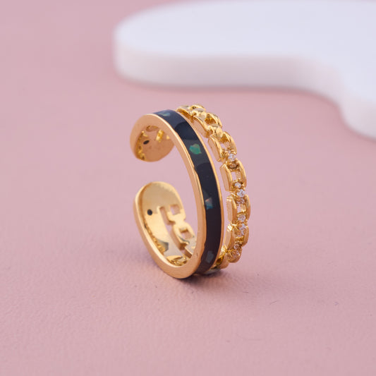 Gold Adjustable Band with Black Enamel, Emerald Accents