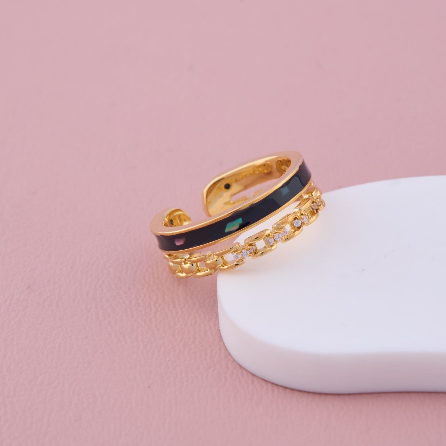 Gold Adjustable Band with Black Enamel, Emerald Accents