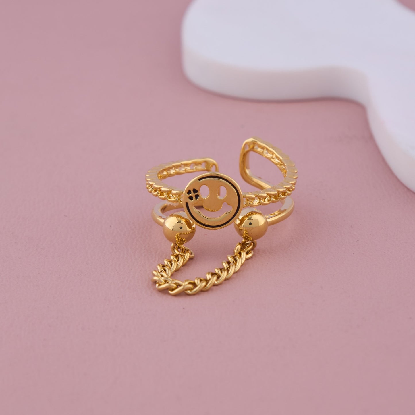 Gold Smiley Face Adjustable Chain Ring