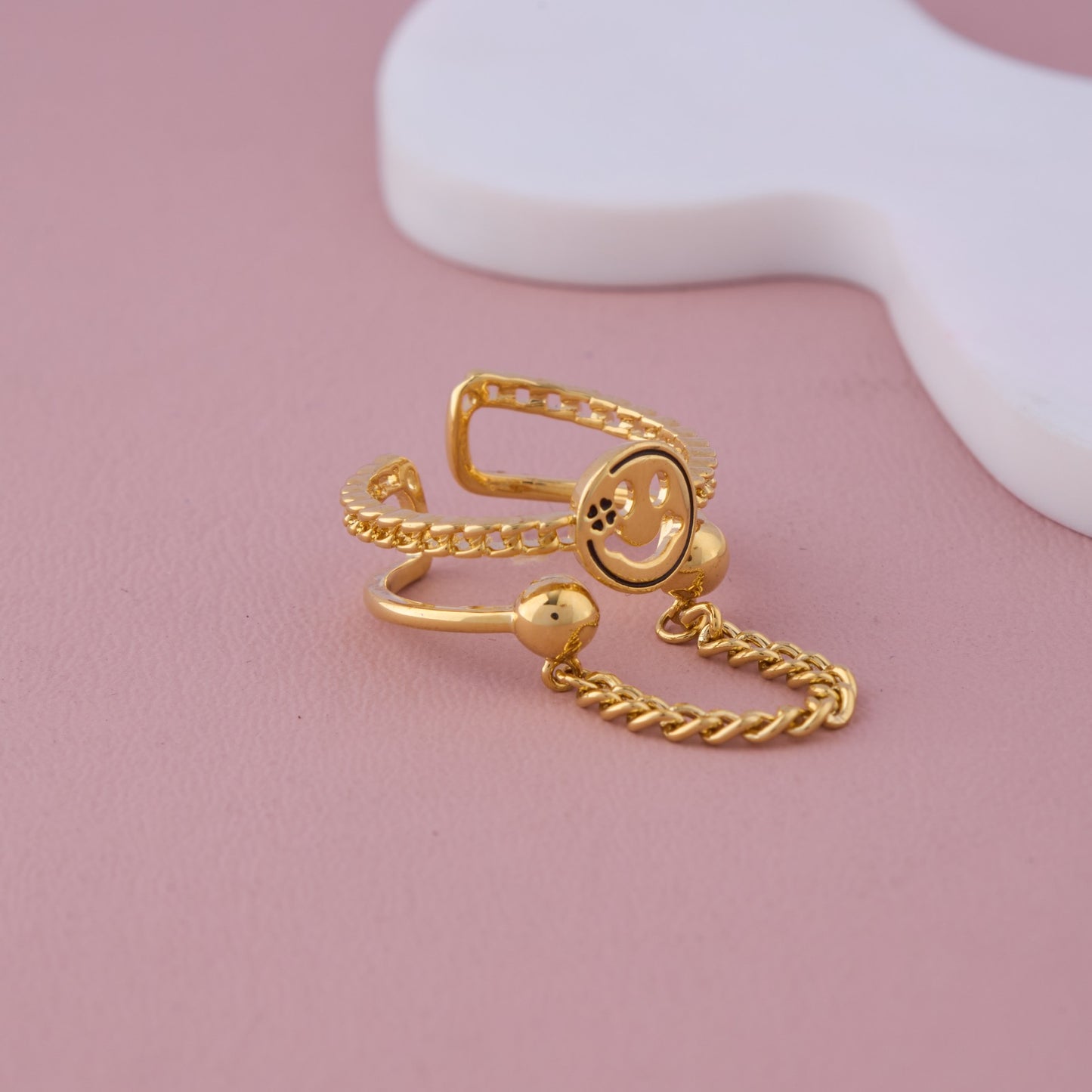Gold Smiley Face Adjustable Chain Ring
