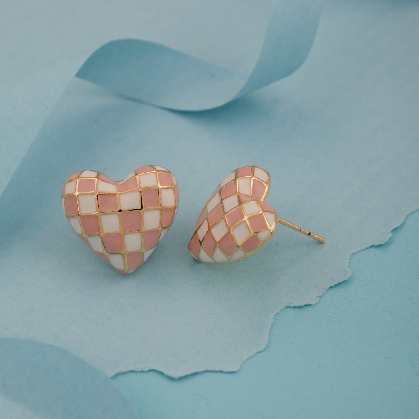 Checkered Pink & White Heart Stud Earrings for Women & Girls