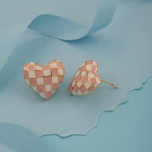 Checkered Pink & White Heart Stud Earrings for Women & Girls