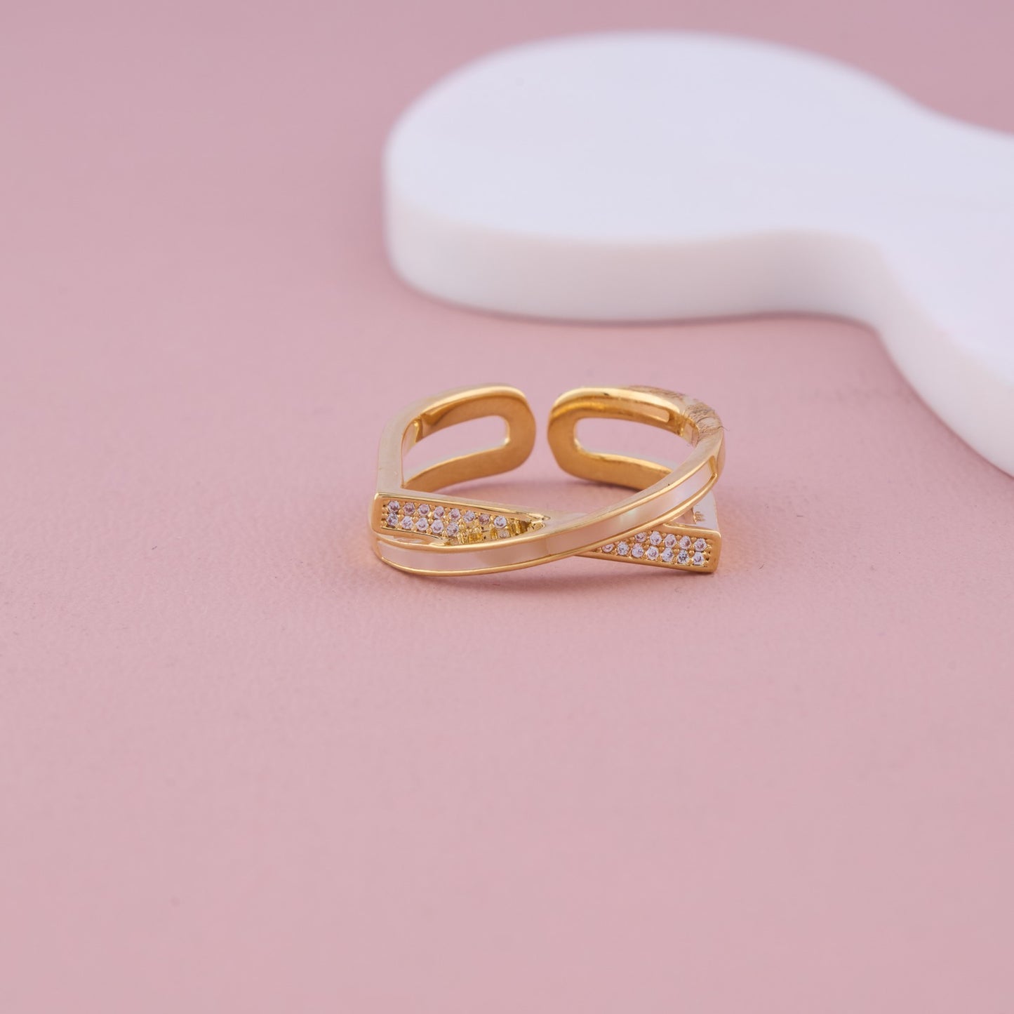 Gold Crossover Adjustable Ring with CZ Detailing