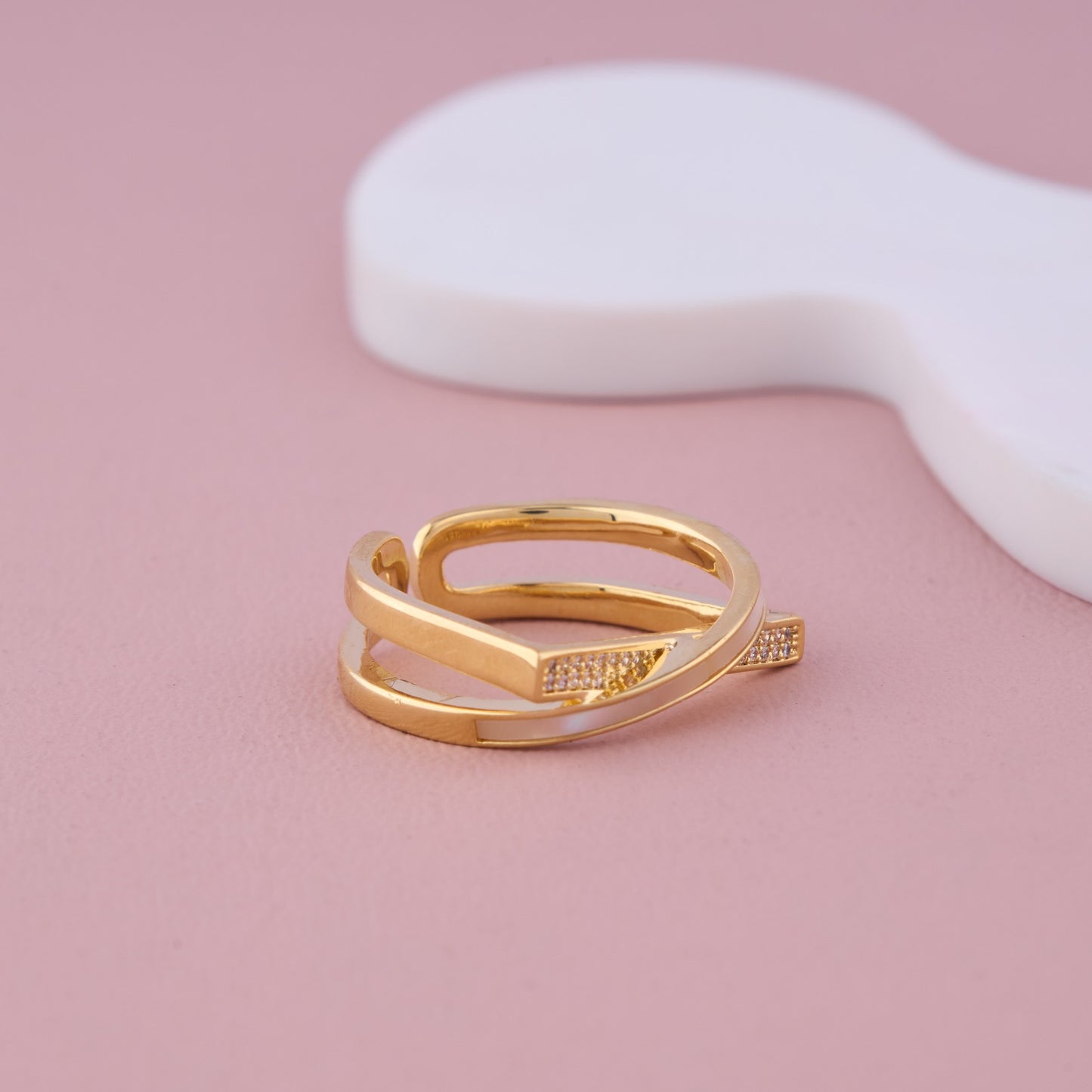 Gold Crossover Adjustable Ring with CZ Detailing