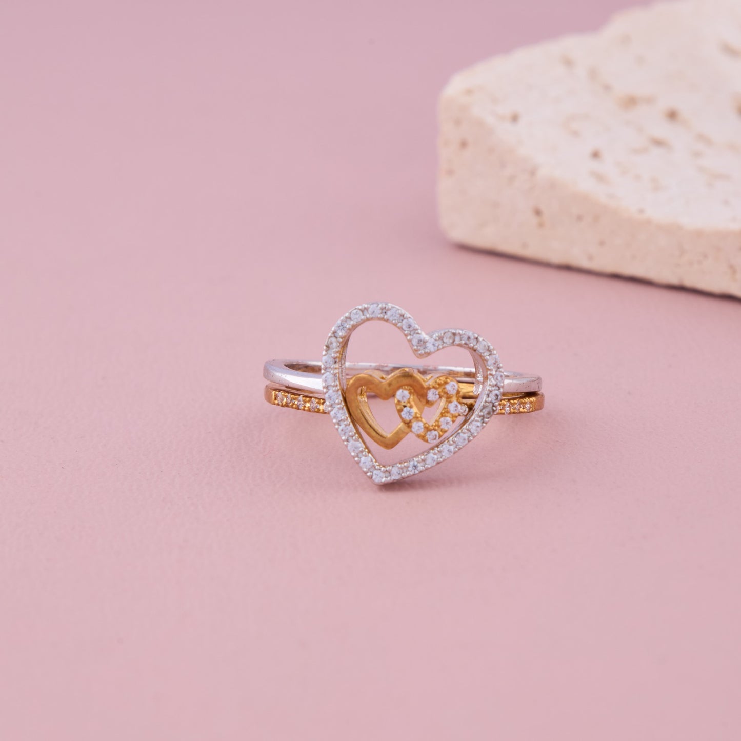 Dual Tone Triple Heart Ring Set