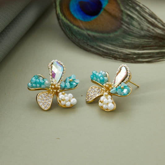 Handmade Floral Earrings with Blue & White Stones