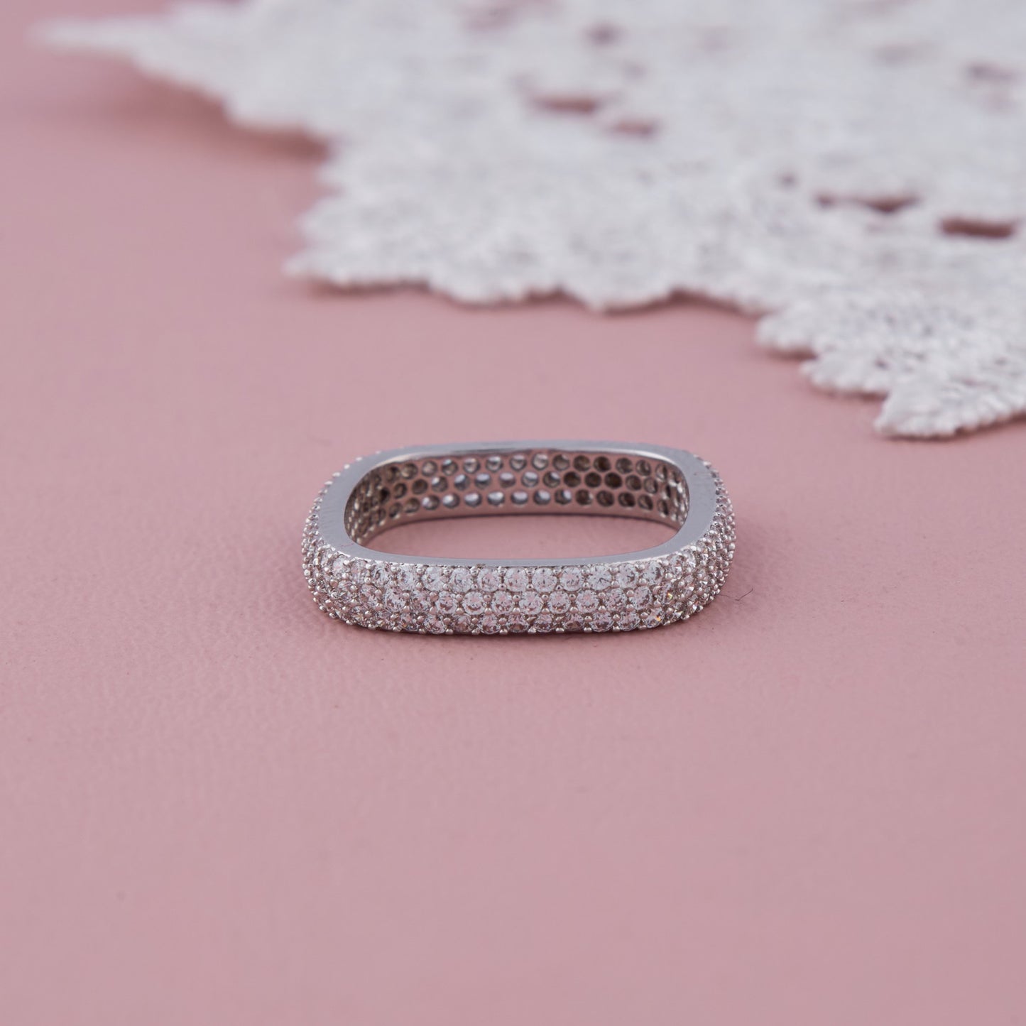 Silver Square Band Ring with Full CZ Pave Setting